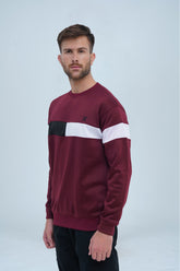 A casual maroon pullover adorned with a black and white chest stripe, perfect for layering or standalone wear -  Color Block Maroon Sweatshirt - Xea Clothing
